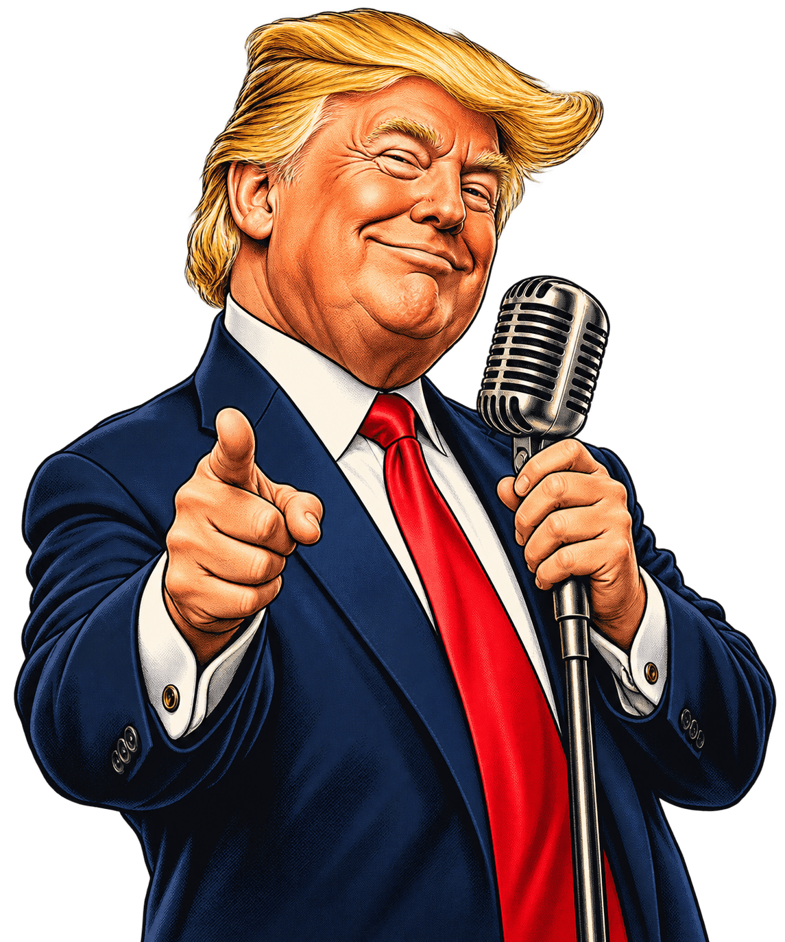 Original comic illustration of a Trump caricature holding a microphone
